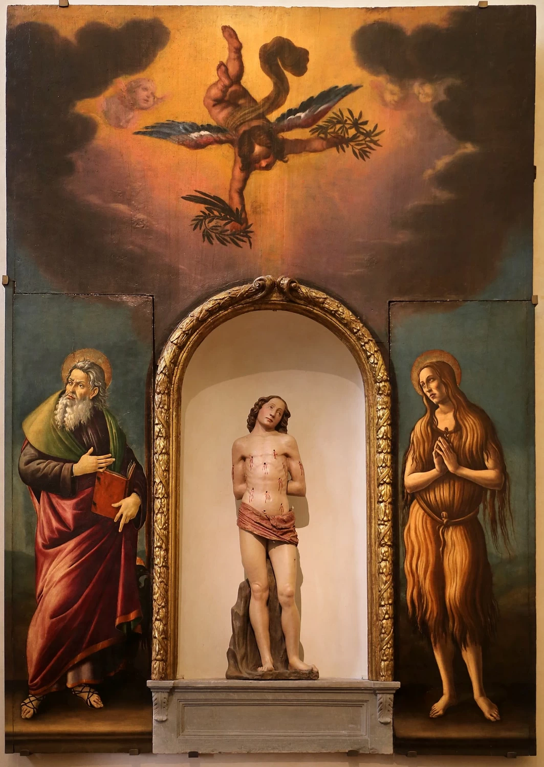 Pala di san Sebastiano, con terracotta di Leonardo del Tasso, due portelle di Arcangelo di Jacopo del Sellaio e cimasa del Bilivert